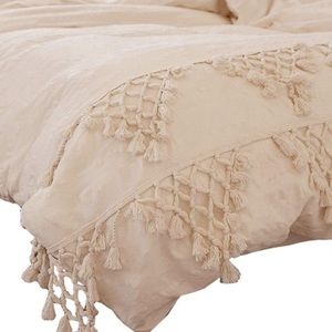 Ivory Tufted Tassel Duvet Cover Lattice Boho Bedding 100% Cotton Set 3